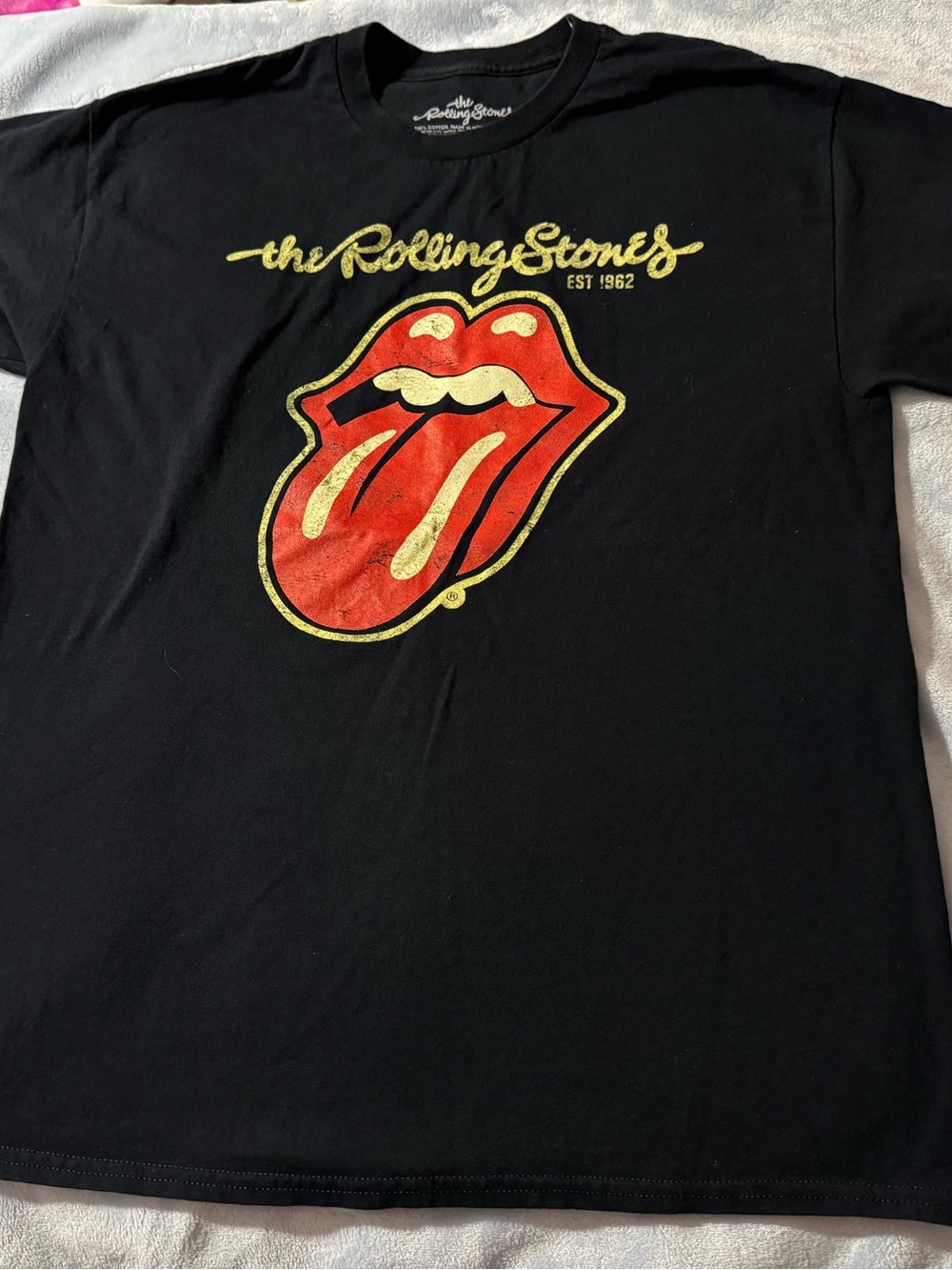 The Rolling Stones Black Tee with Red Tongue and Gold Script